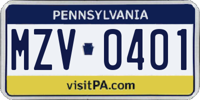 PA license plate MZV0401