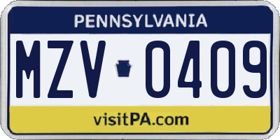 PA license plate MZV0409