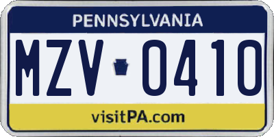 PA license plate MZV0410