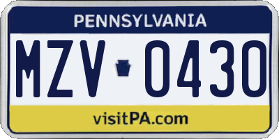 PA license plate MZV0430