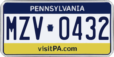 PA license plate MZV0432