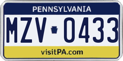 PA license plate MZV0433