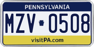 PA license plate MZV0508