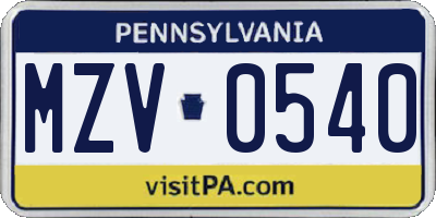 PA license plate MZV0540