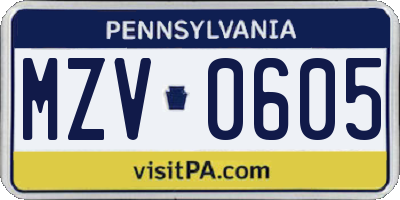 PA license plate MZV0605