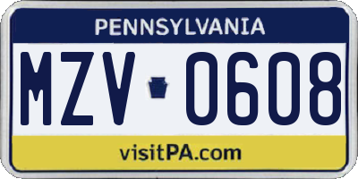 PA license plate MZV0608