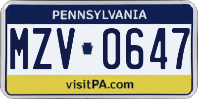 PA license plate MZV0647