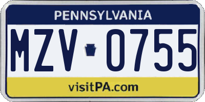 PA license plate MZV0755