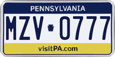 PA license plate MZV0777