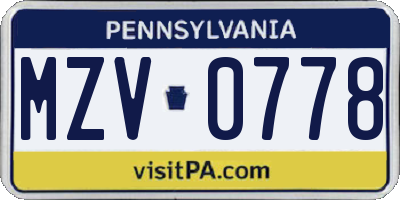 PA license plate MZV0778