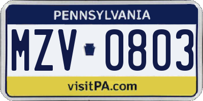PA license plate MZV0803