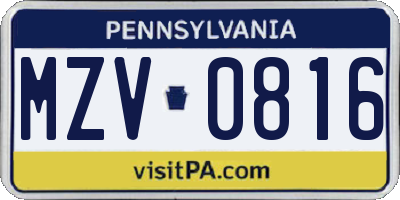 PA license plate MZV0816