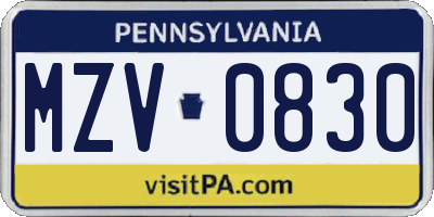 PA license plate MZV0830