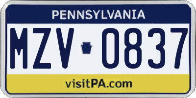 PA license plate MZV0837
