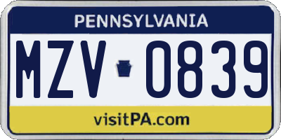 PA license plate MZV0839