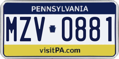 PA license plate MZV0881