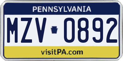 PA license plate MZV0892