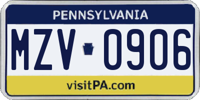 PA license plate MZV0906