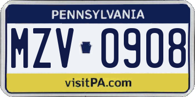 PA license plate MZV0908