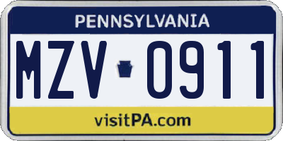 PA license plate MZV0911