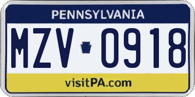 PA license plate MZV0918