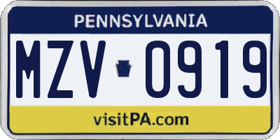 PA license plate MZV0919