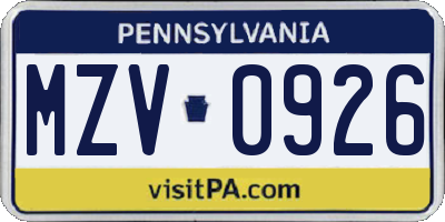 PA license plate MZV0926