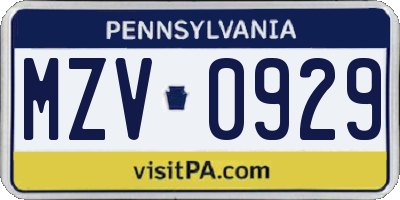 PA license plate MZV0929