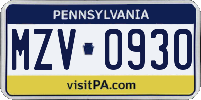 PA license plate MZV0930