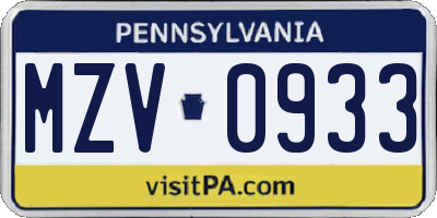 PA license plate MZV0933