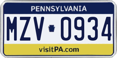 PA license plate MZV0934