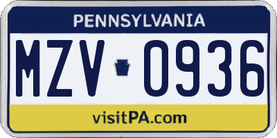 PA license plate MZV0936