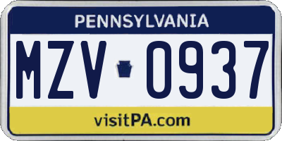 PA license plate MZV0937