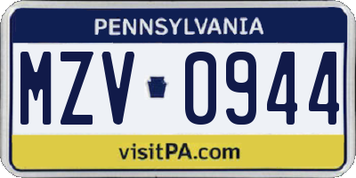PA license plate MZV0944