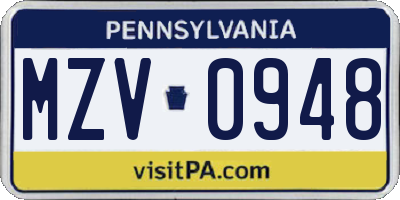 PA license plate MZV0948