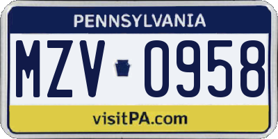 PA license plate MZV0958