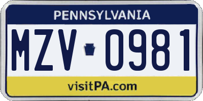 PA license plate MZV0981