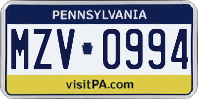 PA license plate MZV0994