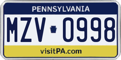 PA license plate MZV0998