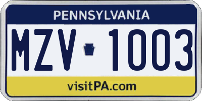 PA license plate MZV1003