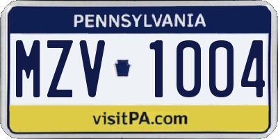 PA license plate MZV1004