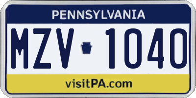 PA license plate MZV1040