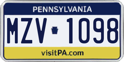PA license plate MZV1098