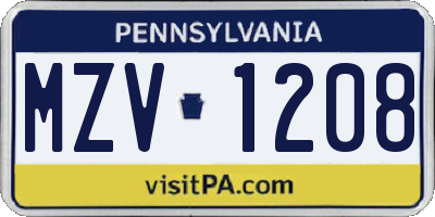 PA license plate MZV1208