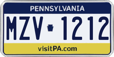 PA license plate MZV1212