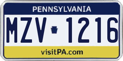 PA license plate MZV1216