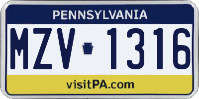 PA license plate MZV1316