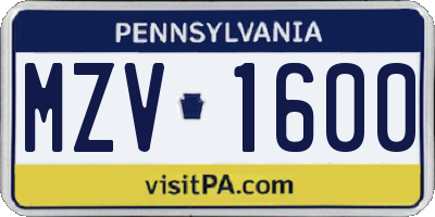 PA license plate MZV1600
