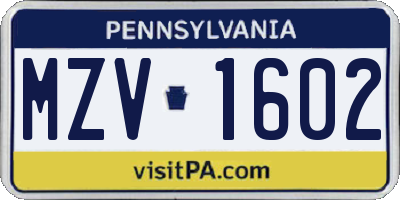 PA license plate MZV1602