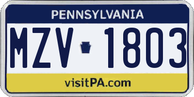 PA license plate MZV1803